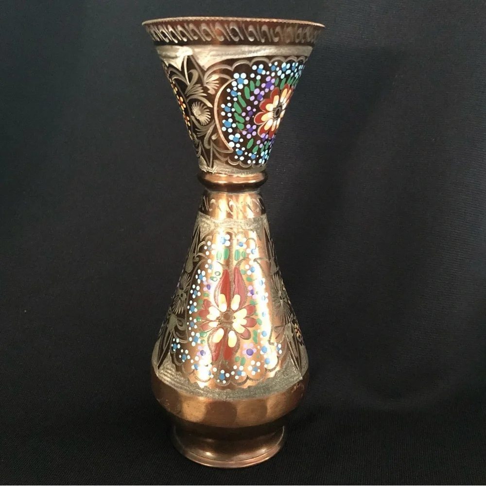 Vintage Hand Painted & Etched Copper Vase with Floral Designs
